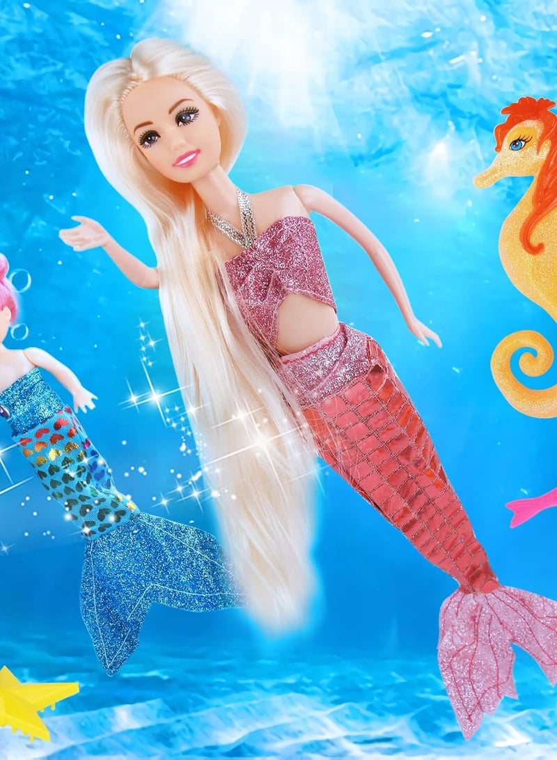 Bettina Mermaid Princess Doll with Little Mermaid & Seahorse Play Gift Set | Mermaid Toys with Accessories and Doll Clothes for Little Girls (Pink) - Image 2
