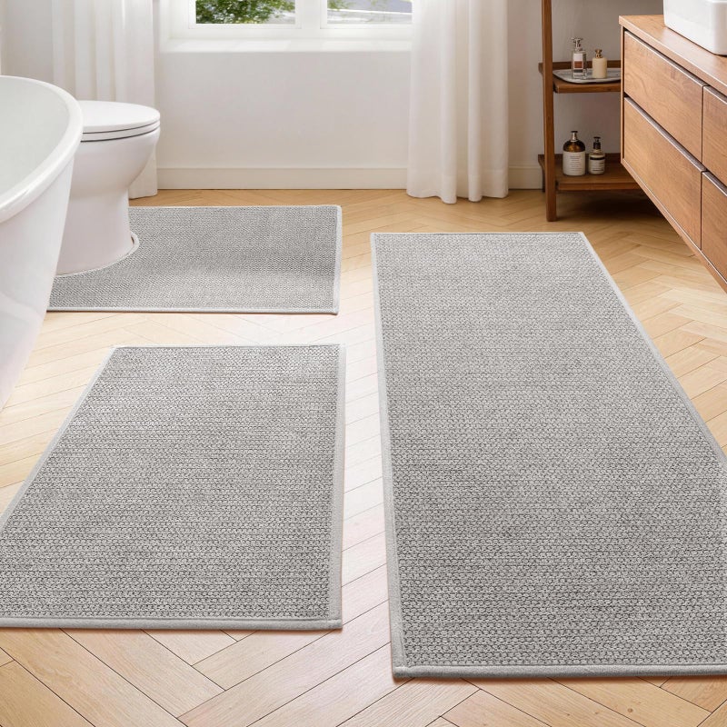 YIHOUSE Gray Bathroom Rugs Sets 3 Piece, Quick Dry Thin Bath Mat with Toilet Rug, Non Slip Absorbent Machine Washable, Bath Runner Rugs for Bathtub Sink Home Decor - Image 1