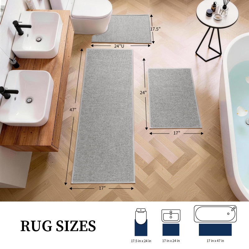 YIHOUSE Gray Bathroom Rugs Sets 3 Piece, Quick Dry Thin Bath Mat with Toilet Rug, Non Slip Absorbent Machine Washable, Bath Runner Rugs for Bathtub Sink Home Decor - Image 2