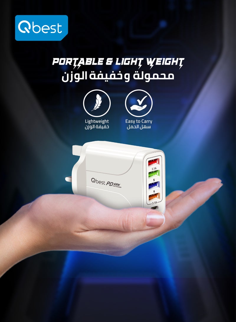 كيو بيست شاحن سريع 48W بـ 5 منافذ مع منفذ 18W تايب سي PD و 4 منافذ USB – حماية فائقة، شريحة ذكية، وشحن سريع لأجهزة متعددة - Image 5