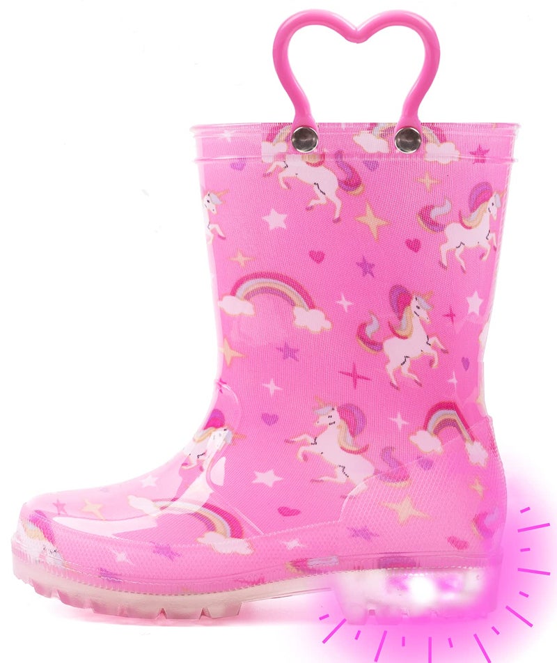 Outee Toddler Girls Rain Boots Little Kids Baby Light Up Printed Waterproof Mud Shoes Pink Unicorn Lightweight Rubber Adorable with Easy-On Handles Non Slip (Size 5,Pink) - Image 1