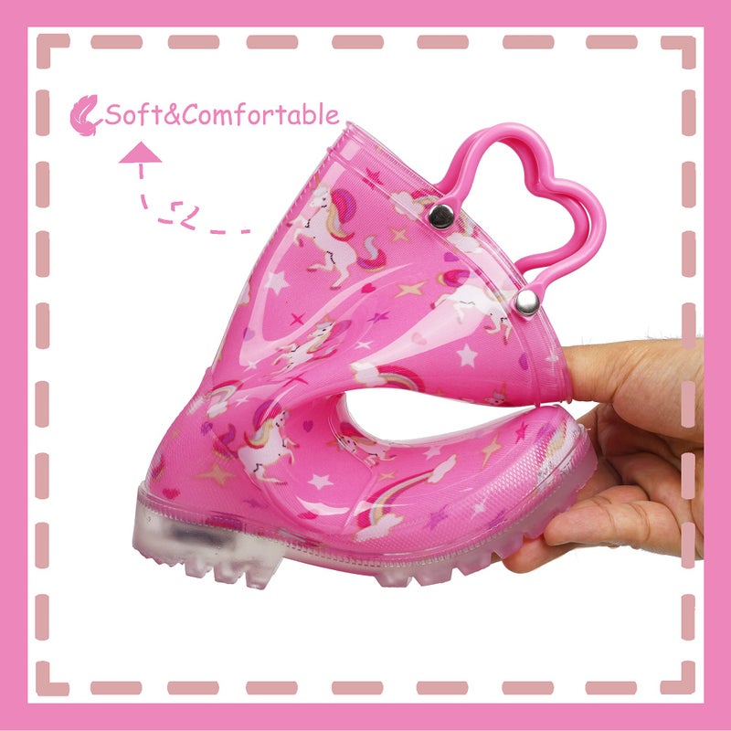 Outee Toddler Girls Rain Boots Little Kids Baby Light Up Printed Waterproof Mud Shoes Pink Unicorn Lightweight Rubber Adorable with Easy-On Handles Non Slip (Size 5,Pink) - Image 5