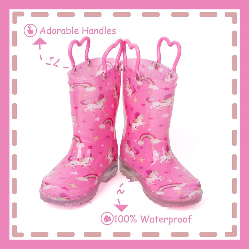 Outee Toddler Girls Rain Boots Little Kids Baby Light Up Printed Waterproof Mud Shoes Pink Unicorn Lightweight Rubber Adorable with Easy-On Handles Non Slip (Size 5,Pink) - Image 2