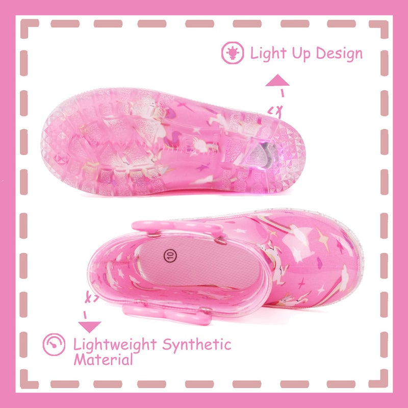Outee Toddler Girls Rain Boots Little Kids Baby Light Up Printed Waterproof Mud Shoes Pink Unicorn Lightweight Rubber Adorable with Easy-On Handles Non Slip (Size 5,Pink) - Image 3