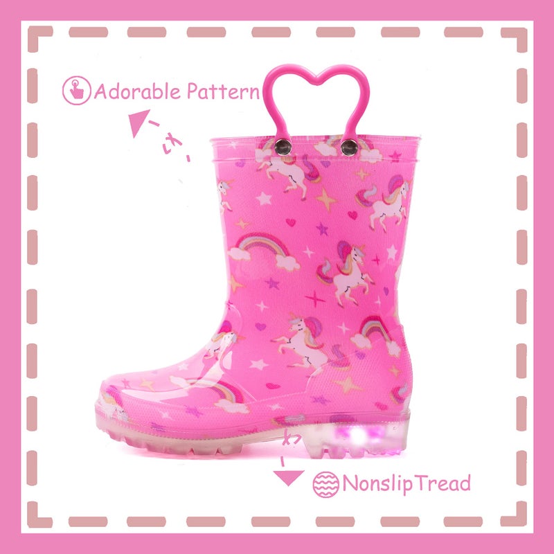 Outee Toddler Girls Rain Boots Little Kids Baby Light Up Printed Waterproof Mud Shoes Pink Unicorn Lightweight Rubber Adorable with Easy-On Handles Non Slip (Size 5,Pink) - Image 4