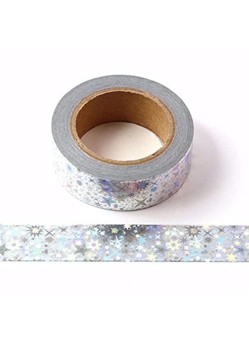 Syntego Solid Foil Washi Tape Decorative Self Adhesive Masking Tape 15mm x 10 Meters Silver Holographic Stars 