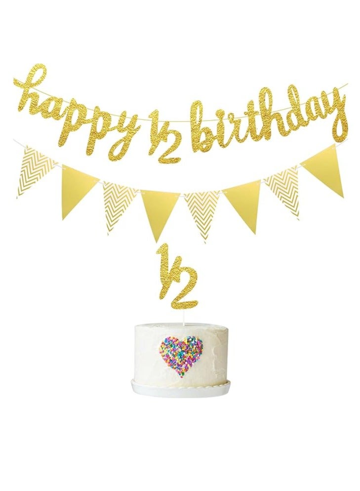 مجموعة زينة نصف عيد ميلاد مكونة من 3 قطع تتضمن لافتة عيد ميلاد سعيد لمدة 6 أشهر ونصف، وغطاء كعكة لامع لنصف عام ونصف، ولافتة علم مثلثة لحفل استقبال المولود الجديد، وحفلات التصوير الفوتوغرافي، مثبتة مسبقًا (ذهبي) - Image 1