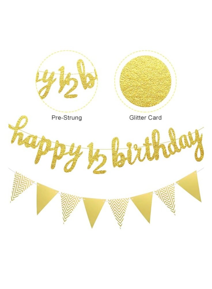 مجموعة زينة نصف عيد ميلاد مكونة من 3 قطع تتضمن لافتة عيد ميلاد سعيد لمدة 6 أشهر ونصف، وغطاء كعكة لامع لنصف عام ونصف، ولافتة علم مثلثة لحفل استقبال المولود الجديد، وحفلات التصوير الفوتوغرافي، مثبتة مسبقًا (ذهبي) - Image 2