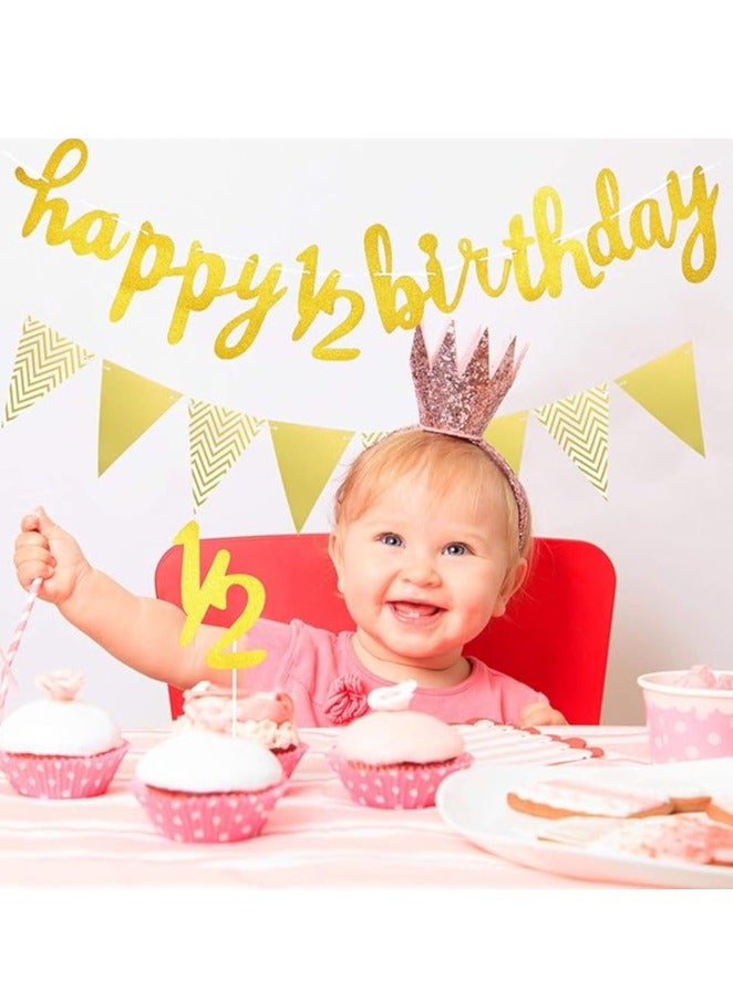 مجموعة زينة نصف عيد ميلاد مكونة من 3 قطع تتضمن لافتة عيد ميلاد سعيد لمدة 6 أشهر ونصف، وغطاء كعكة لامع لنصف عام ونصف، ولافتة علم مثلثة لحفل استقبال المولود الجديد، وحفلات التصوير الفوتوغرافي، مثبتة مسبقًا (ذهبي) - Image 3