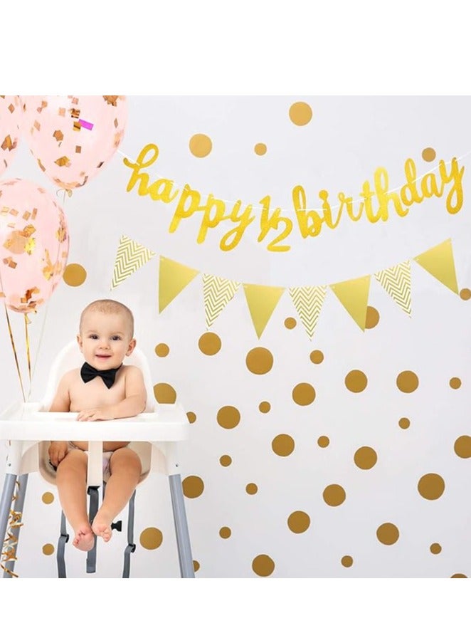 مجموعة زينة نصف عيد ميلاد مكونة من 3 قطع تتضمن لافتة عيد ميلاد سعيد لمدة 6 أشهر ونصف، وغطاء كعكة لامع لنصف عام ونصف، ولافتة علم مثلثة لحفل استقبال المولود الجديد، وحفلات التصوير الفوتوغرافي، مثبتة مسبقًا (ذهبي) - Image 4