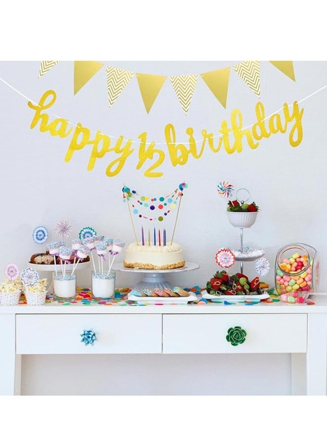 مجموعة زينة نصف عيد ميلاد مكونة من 3 قطع تتضمن لافتة عيد ميلاد سعيد لمدة 6 أشهر ونصف، وغطاء كعكة لامع لنصف عام ونصف، ولافتة علم مثلثة لحفل استقبال المولود الجديد، وحفلات التصوير الفوتوغرافي، مثبتة مسبقًا (ذهبي) - Image 5
