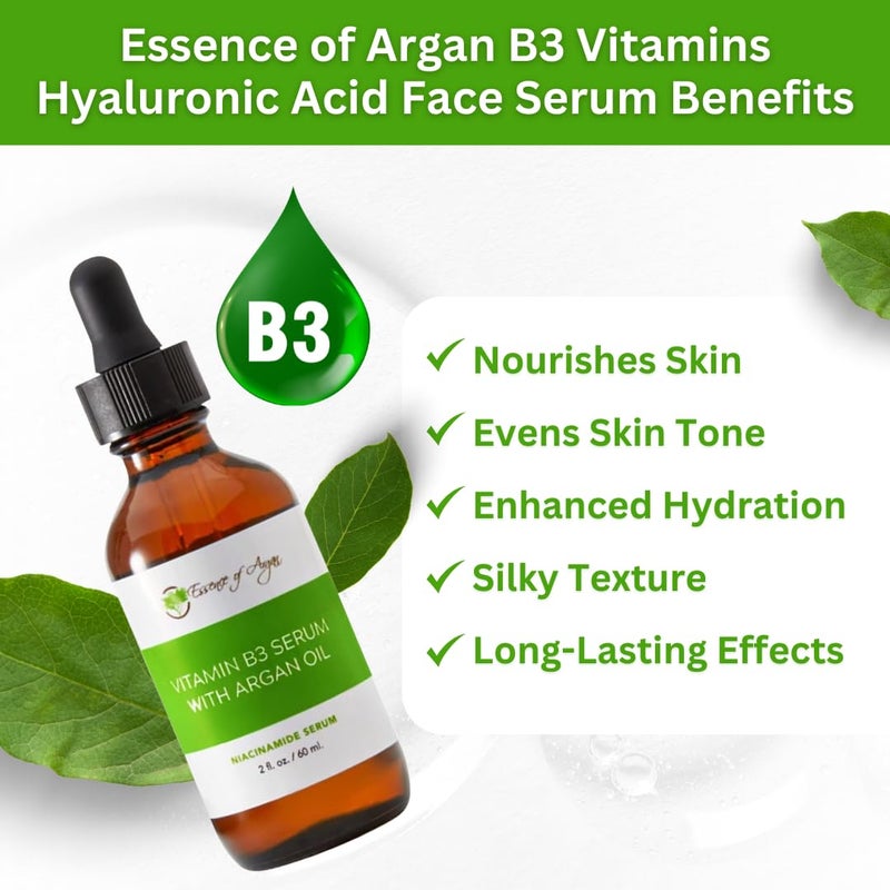 Essence of Argan B3 Vitamins Hyaluronic Acid Face Serum, Niacinamide Moisturizer for Face, Pore Serum Minimizer - 2 fl. Oz. Dropper Bottle - Image 2
