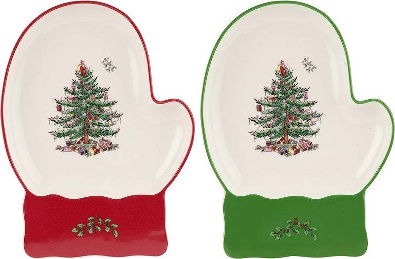 Spode Christmas Tree Mitten Dishes Set of 2  Red  Green Serving Platters for Cookies Desserts Appetizers 7 Fine Earthenware Plates Dishwasher Safe Holiday Tableware for Seasonal Gatherings - Image 1
