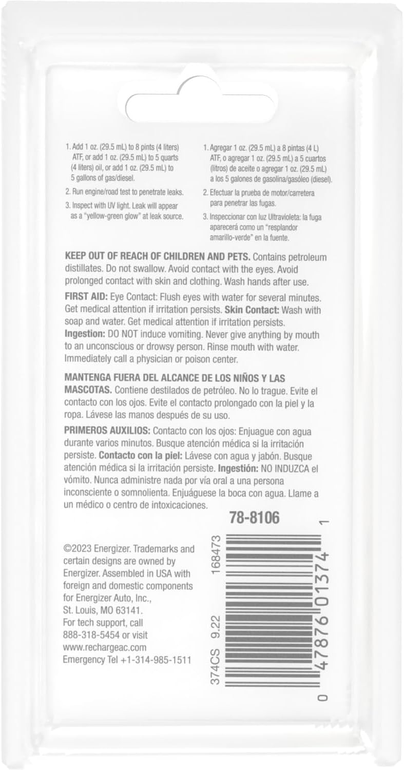 A/C Pro InterDynamics Certified Auto Pro Oil and Fuel System UV Dye Leak Detection for Cars & Trucks & More, 1 Oz, 374CS, Universal - Image 3