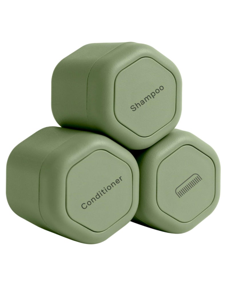 Cadence Travel Containers - Haircare Set - Magnetic Travel Capsules - For Shampoo, Conditioner, Hair Styling Product - 3 Flex Mediums (1.32oz) with Shampoo, Conditioner & Comb Icon Labels - Eucalyptus - Image 1
