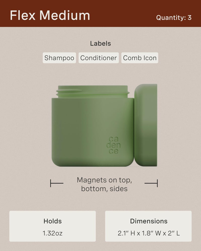 Cadence Travel Containers - Haircare Set - Magnetic Travel Capsules - For Shampoo, Conditioner, Hair Styling Product - 3 Flex Mediums (1.32oz) with Shampoo, Conditioner & Comb Icon Labels - Eucalyptus - Image 3