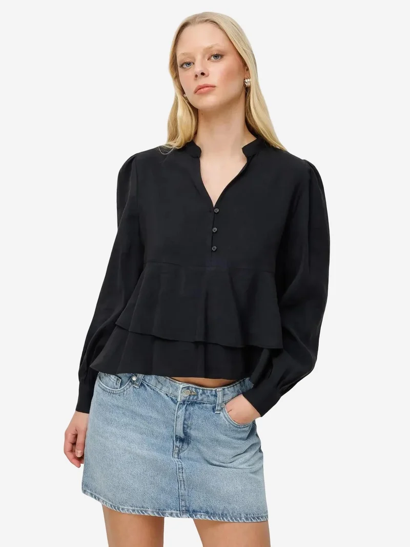 MixRay MIXRAY Frilly V-Neck Button-Up Blouse