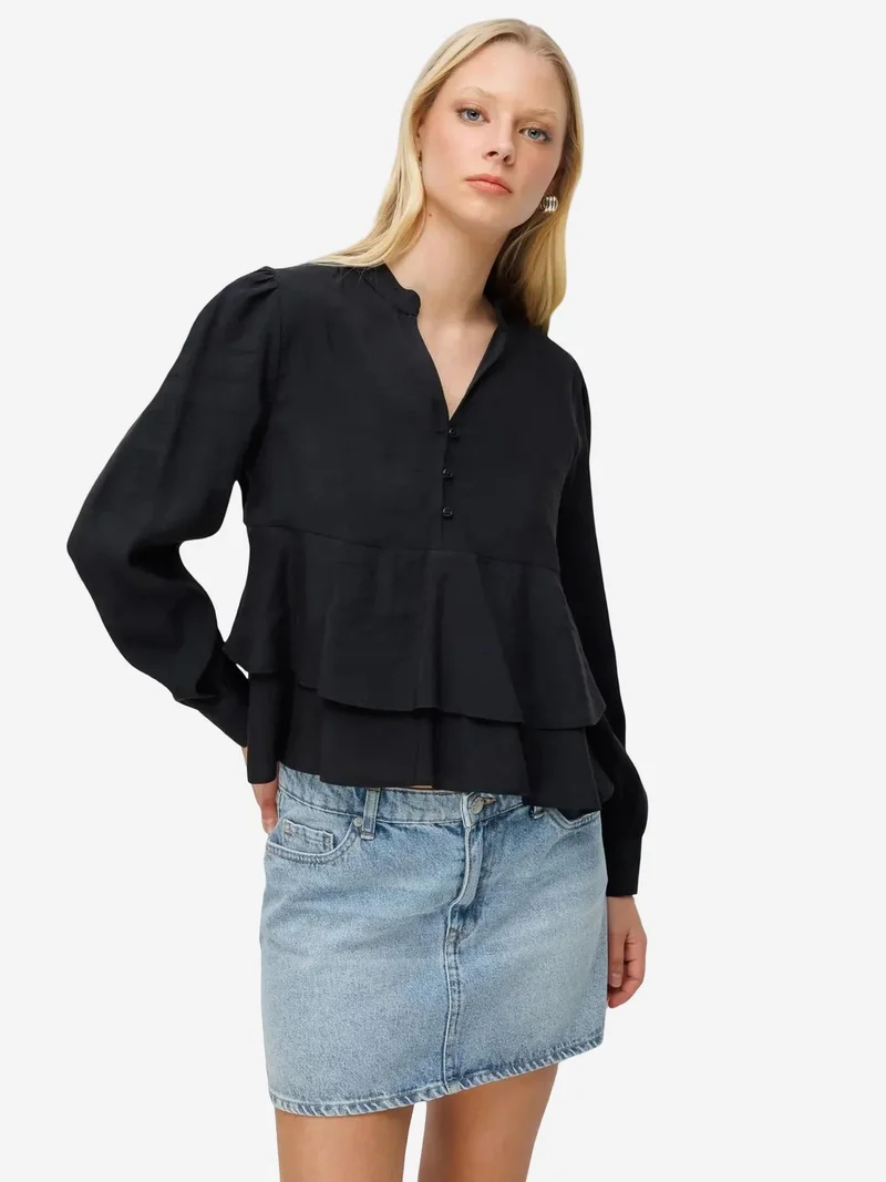 MixRay Black MIXRAY Frilly V-Neck Button-Up Blouse for Women | Best Price UAE