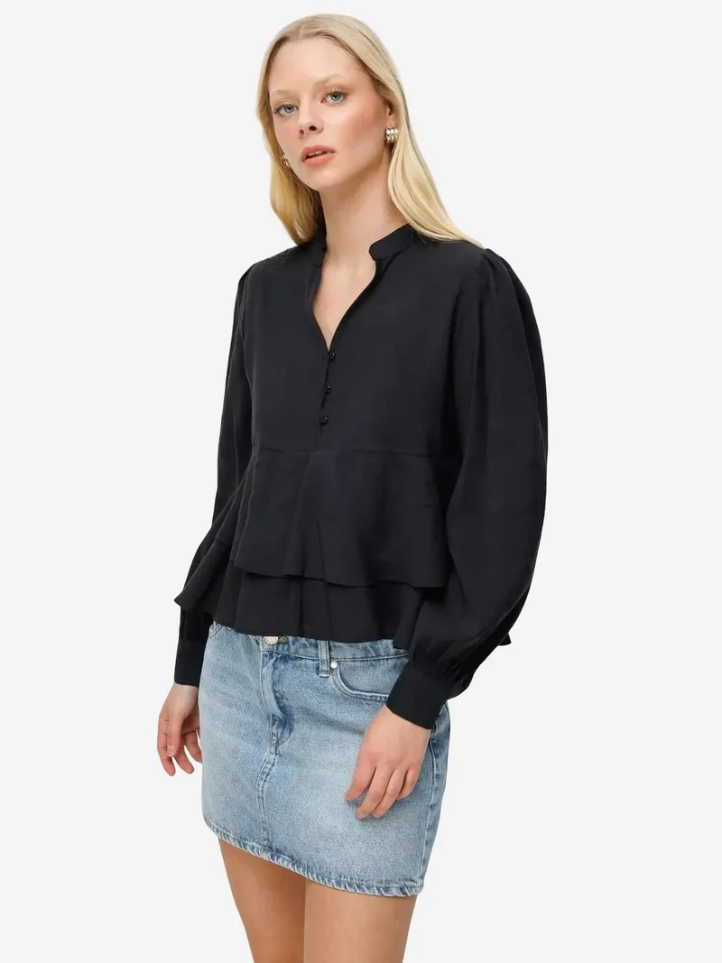 MixRay Black MIXRAY Frilly V-Neck Button-Up Blouse for Women | Best Price UAE