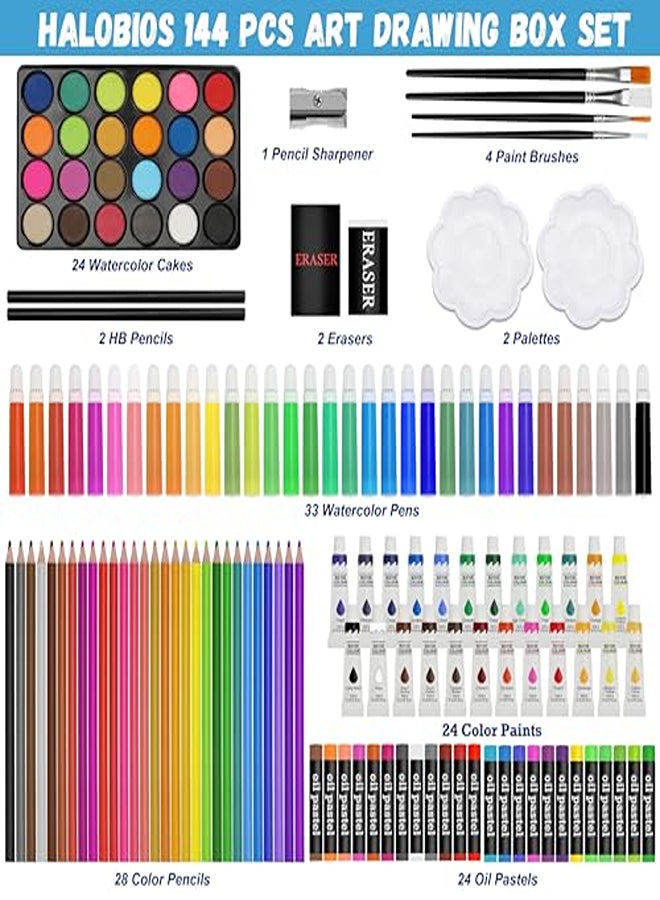 Halobios Professional Art Set, 144 Deluxe Aluminium Art Case Painting Set with Watercolour Pens Drawing Pencils Paints Oil Pastels, Premium Colouring Drawing Art Supplies Case Gift for Artists Adult  - Image 1