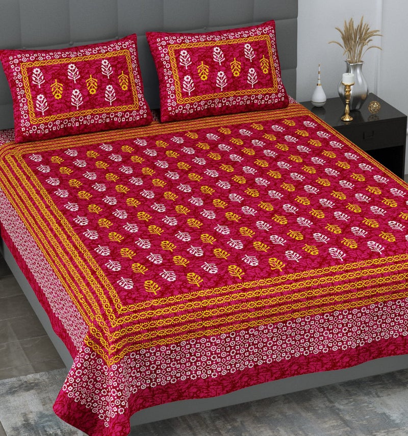 SheetKart 144 TC Motif Printed Jaipuri Cotton Double Bedsheet with 2 Pillow Covers, Burgundy Red - Image 1