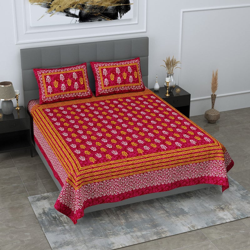 SheetKart 144 TC Motif Printed Jaipuri Cotton Double Bedsheet with 2 Pillow Covers, Burgundy Red - Image 3