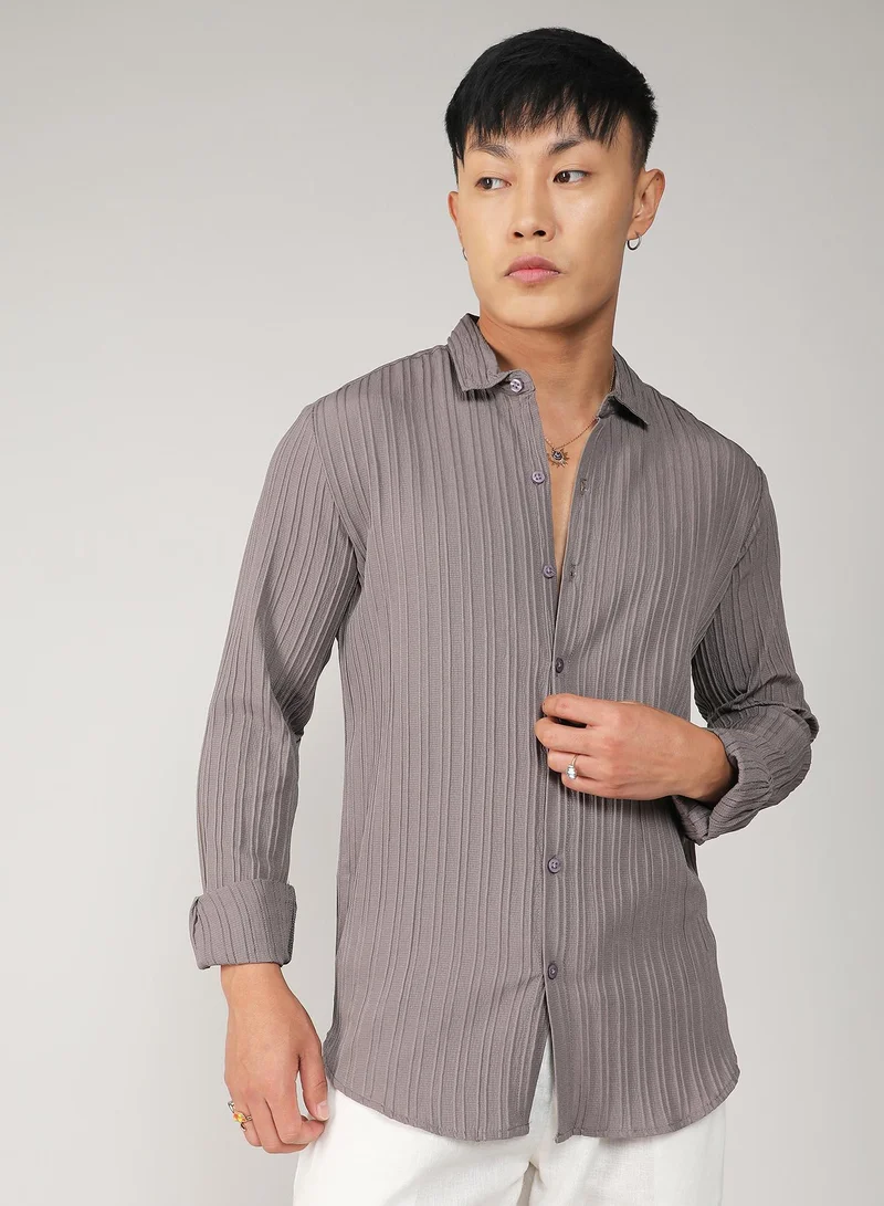 Campus Sutra Men's Ash Grey Self-Design Striped Shirt