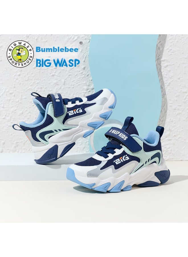 BIGWASP Big Wasp Boys' Shoes, Autumn Mesh Sports Shoes For Children, Kids' Running Shoes, D112431802k White And Navy Blue, Size 35 - Image 1
