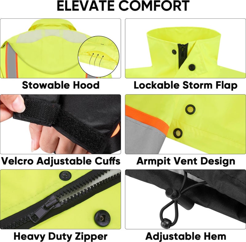 TICONN Reflective Rain Jacket Safety Jacket, Waterproof Hi Vis Rain Coat, Class III High Visibility Coat (Yellow&Black, L) - Image 2