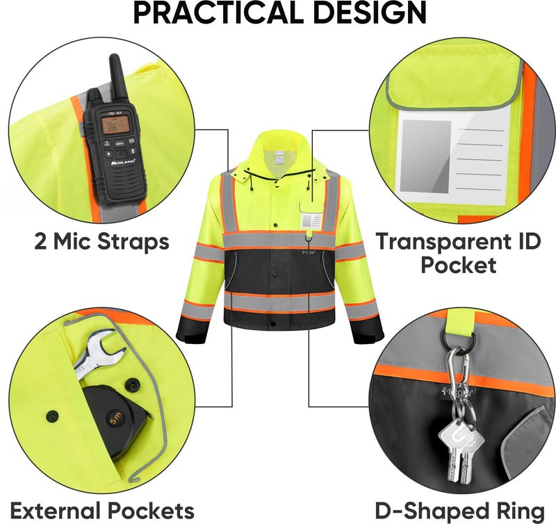 TICONN Reflective Rain Jacket Safety Jacket, Waterproof Hi Vis Rain Coat, Class III High Visibility Coat (Yellow&Black, L) - Image 4