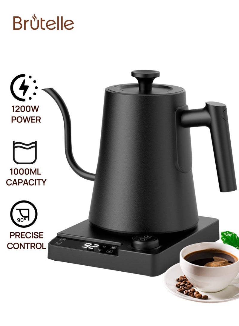 بريتيل غلاية قهوة بروتيل معقوفة V60 غلاية قهوة 1000 مل 1200 وات مقبض طاقة لضبط درجة الحرارة مع شاشة رقمية عزل تلقائي لدرجة الحرارة من الفولاذ المقاوم للصدأ للمنزل والمكتب والمهاجع - Image 1