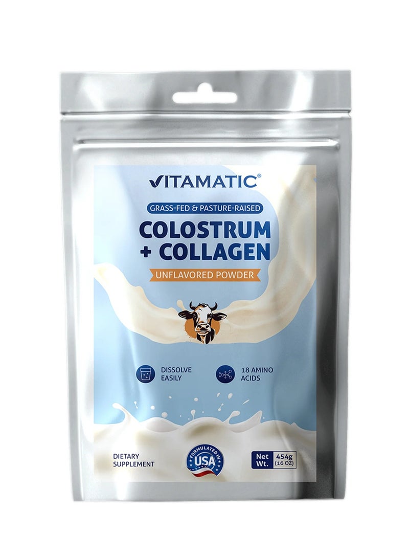فيتاماتيك مسحوق اللبأ والكولاجين، بدون نكهة، 16 أونصة (454 جم)