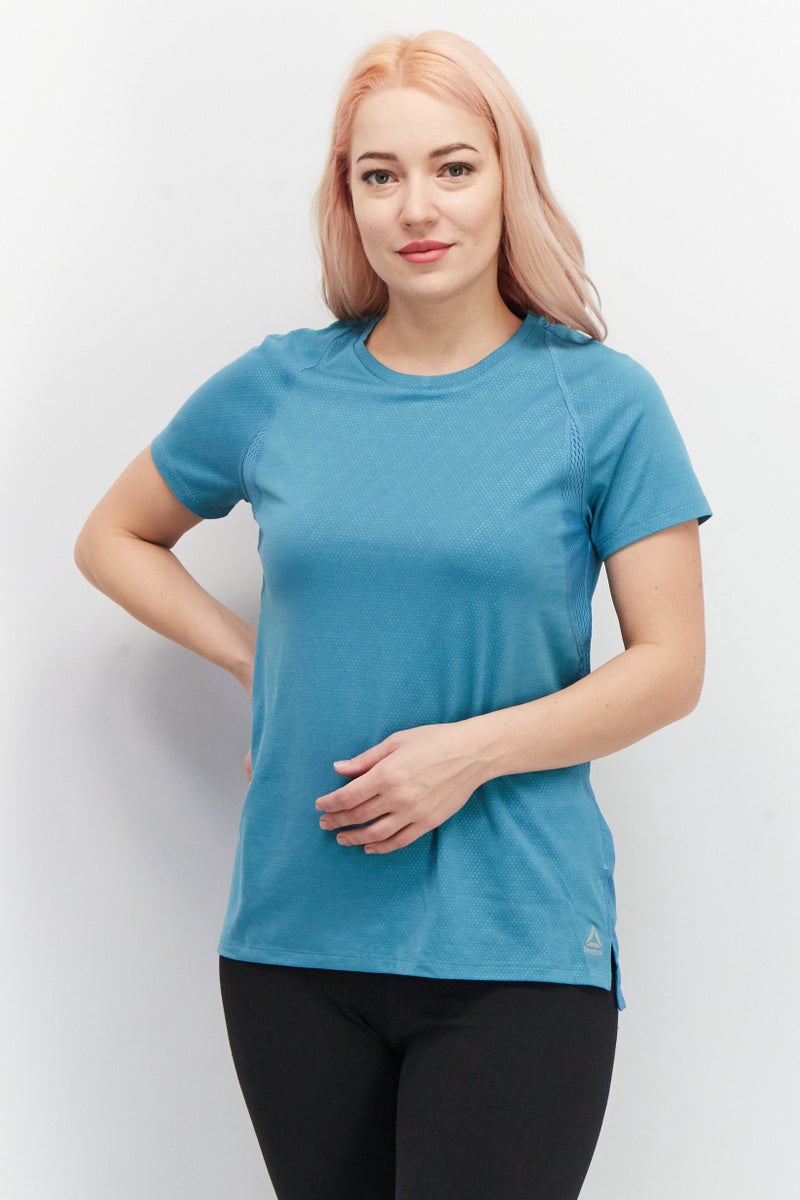 Reebok تي شيرت تدريب قصير الأكمام للنساء، لون أزرق مائل إلى الأخضر - Image 1