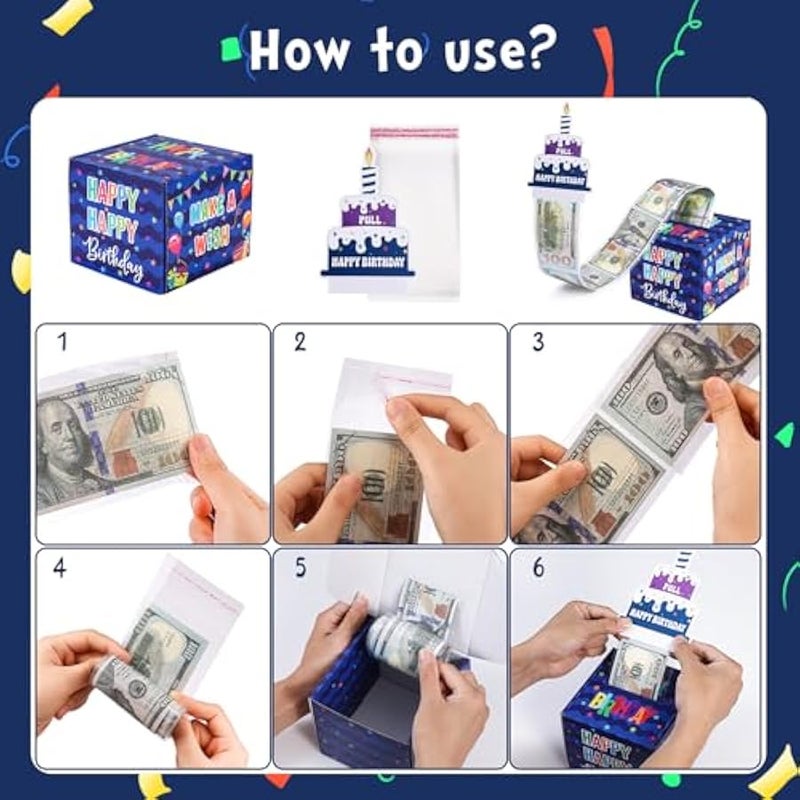 Birthday Money Box for Cash Gift Pull, Surprise Gift Boxes for Money, Money Holder Box with Pull Out Happy Birthday Card and 100Pcs Transparent Bags, Money Gift Ideas for Kids and Adults - Image 5