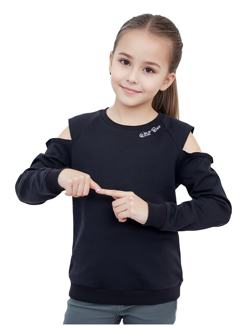 ويني بي سترة فتيات بتصميم الكولد شولدر، باللون الأسود، بأكمام طويلة، مع تفاصيل رuffles، وتصميم روز "دييدريم بيليفر" 8-16 سنة - Image 1