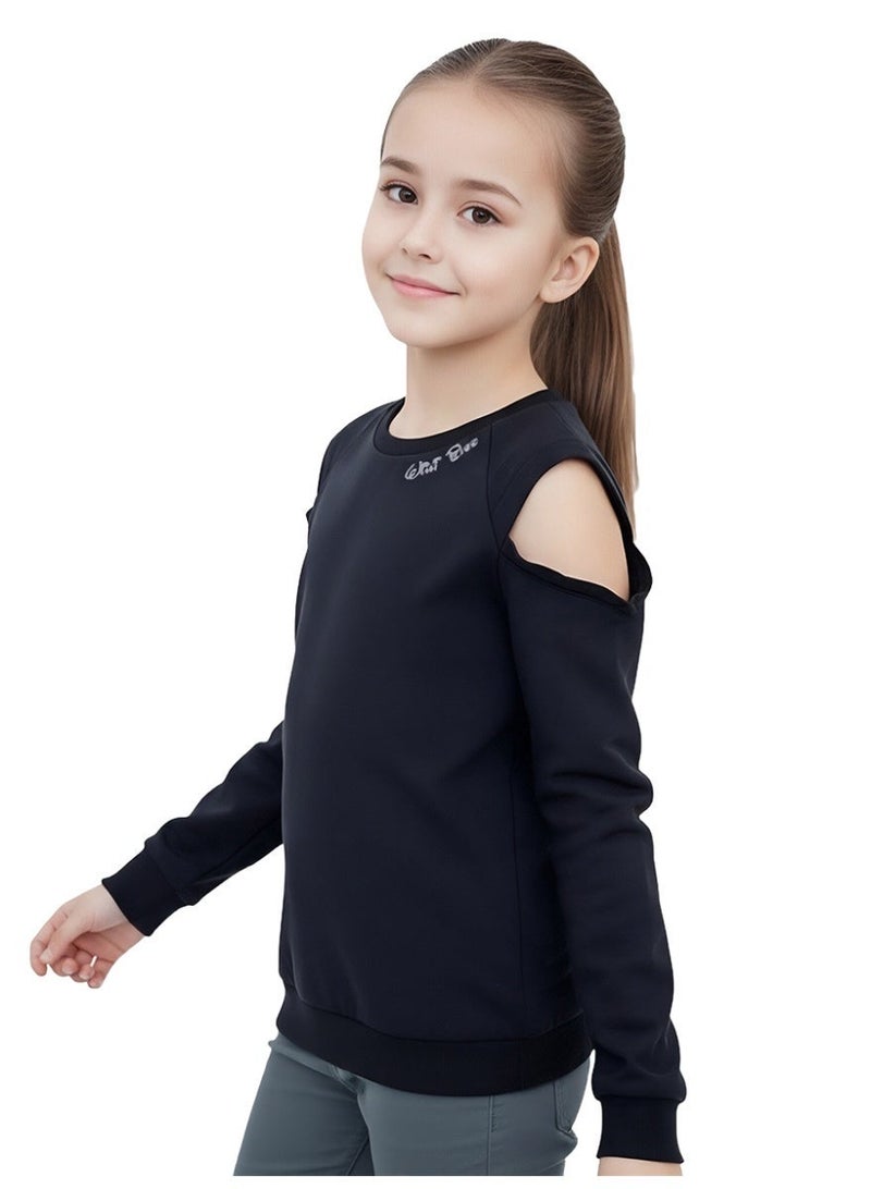 ويني بي سترة فتيات بتصميم الكولد شولدر، باللون الأسود، بأكمام طويلة، مع تفاصيل رuffles، وتصميم روز "دييدريم بيليفر" 8-16 سنة - Image 2