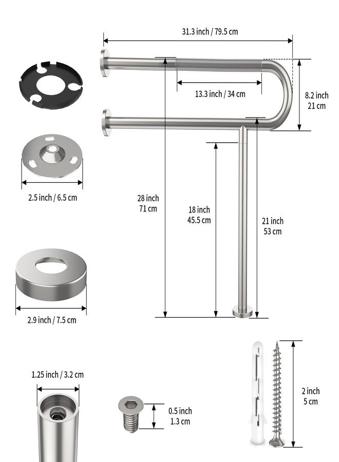 Munzong Toilet Support Rail 31.3X 31.5 Inch, Munzong Anti-Slip Satin Brushed Nickel Handicap Grab Bar for Bathroom, Stainless Steel Knurled Safety handrails with Leg for Elderly Disabled Pregnant-1.25’Tube - Image 2