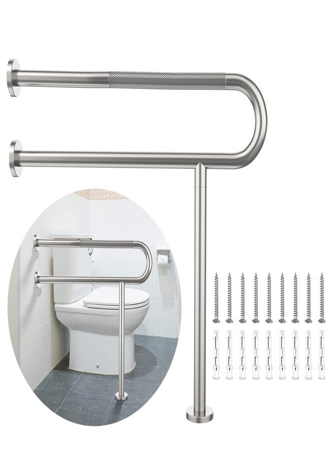 Munzong Toilet Support Rail 31.3X 31.5 Inch, Munzong Anti-Slip Satin Brushed Nickel Handicap Grab Bar for Bathroom, Stainless Steel Knurled Safety handrails with Leg for Elderly Disabled Pregnant-1.25’Tube - Image 1