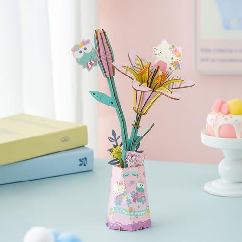 Hands Craft Hello Kitty and Friends Keroppi Hello Kitty Lily 3D Wooden Flower Puzzle Kit Official Sanrio DIY Model Craft Kawaii Flower Decor Collectible Gift for Ages 8 - Image 5