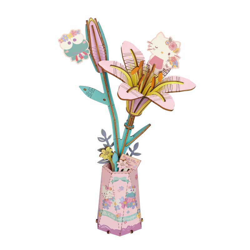 Hands Craft Hello Kitty and Friends Keroppi Hello Kitty Lily 3D Wooden Flower Puzzle Kit Official Sanrio DIY Model Craft Kawaii Flower Decor Collectible Gift for Ages 8 - Image 3