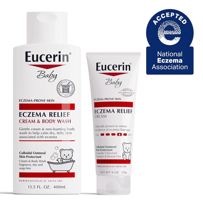 Eucerin كريم وغسول الجسم من يوسيرين للأطفال لعلاج الإكزيما 135 أونصة سائلة  كريم الإكزيما للأطفال 8 أونصات مجموعة العناية بالبشرة خالية من العطور مع دقيق الشوفان الغروي لحماية البشرة - Image 2