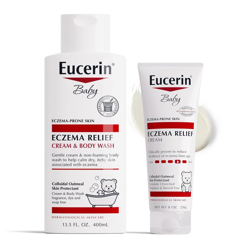 Eucerin كريم وغسول الجسم من يوسيرين للأطفال لعلاج الإكزيما 135 أونصة سائلة  كريم الإكزيما للأطفال 8 أونصات مجموعة العناية بالبشرة خالية من العطور مع دقيق الشوفان الغروي لحماية البشرة - Image 1