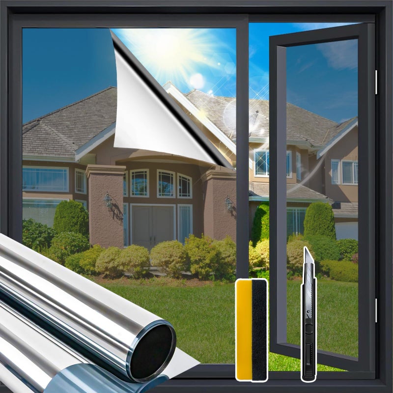 Zindoo One Way Window Film Privacy for Glass Windows Reflective Window Film Anti Glare Sunlight Blocking Film Heat Reducing Window Tint Film UV Blocker Self Adhesive for Home Office 105x200cm