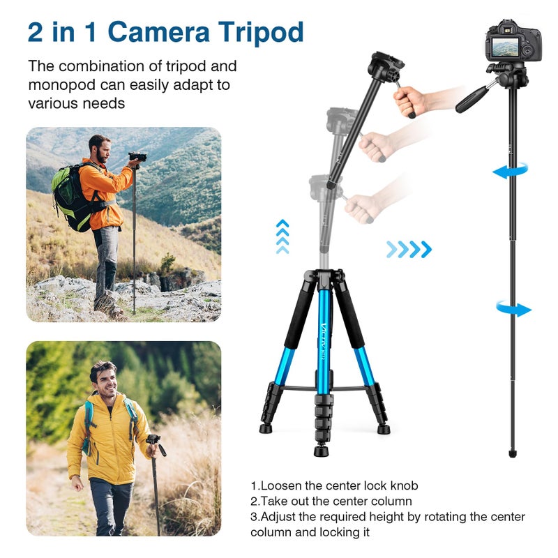 Victiv 72 inch Camera Tripod, Tall Tripod for Camera Cell Phone, Heavy Duty Camera Tripod Stand, Professional Aluminum Monopod, Compatible with Canon Nikon Sony DSLR Cameras - Blue - Image 5