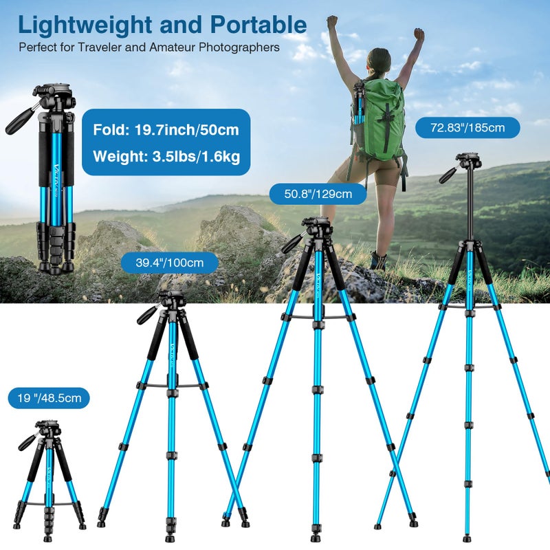 Victiv 72 inch Camera Tripod, Tall Tripod for Camera Cell Phone, Heavy Duty Camera Tripod Stand, Professional Aluminum Monopod, Compatible with Canon Nikon Sony DSLR Cameras - Blue - Image 3