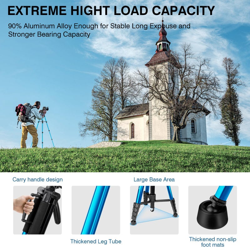 Victiv 72 inch Camera Tripod, Tall Tripod for Camera Cell Phone, Heavy Duty Camera Tripod Stand, Professional Aluminum Monopod, Compatible with Canon Nikon Sony DSLR Cameras - Blue - Image 4