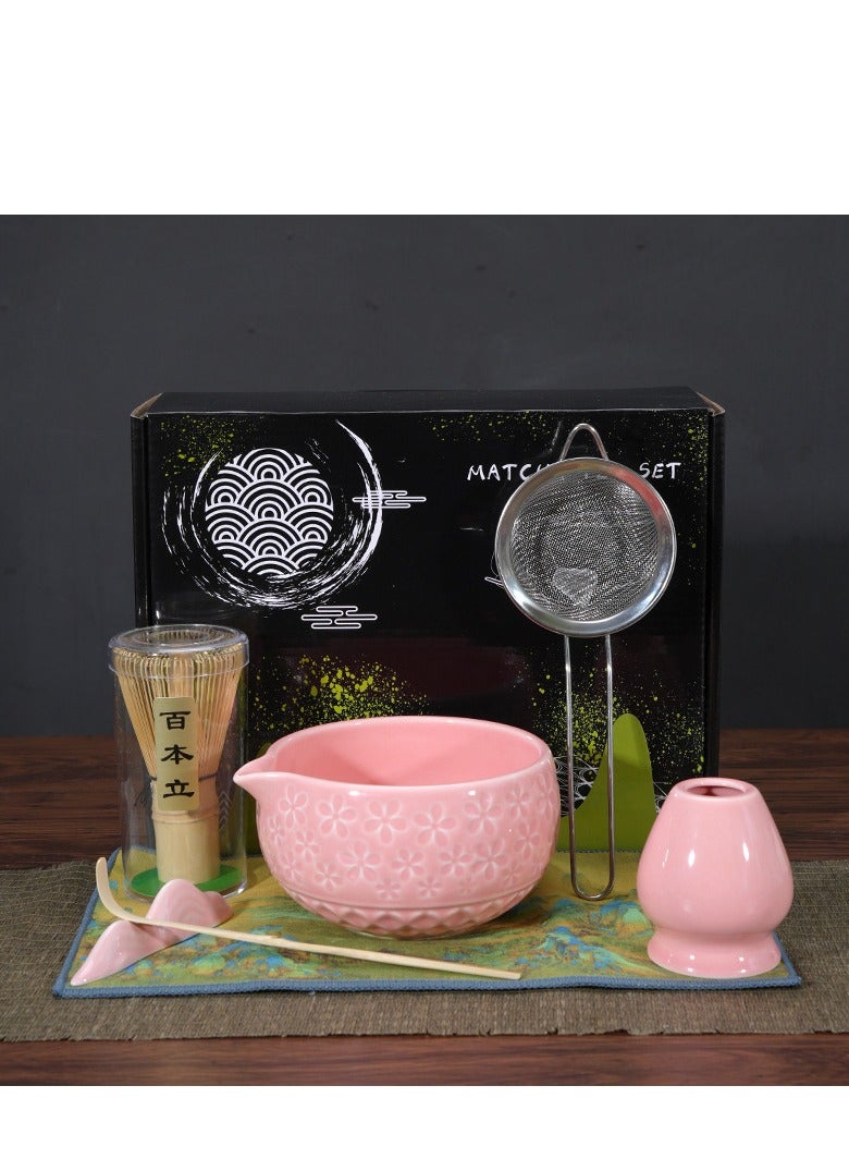 شو وو مجموعة خفاقة شاي ماتشا وردية اللون، مكونة من 7 قطع، طقم ماتشا مع وعاء ماتشا (مع فوهة صب)، خفاقة ماتشا، حامل خفاقة، مصفاة - مجموعة ماتشا أنيقة للهدايا والاستخدام الشخصي، عبوة صندوق هدايا - Image 1