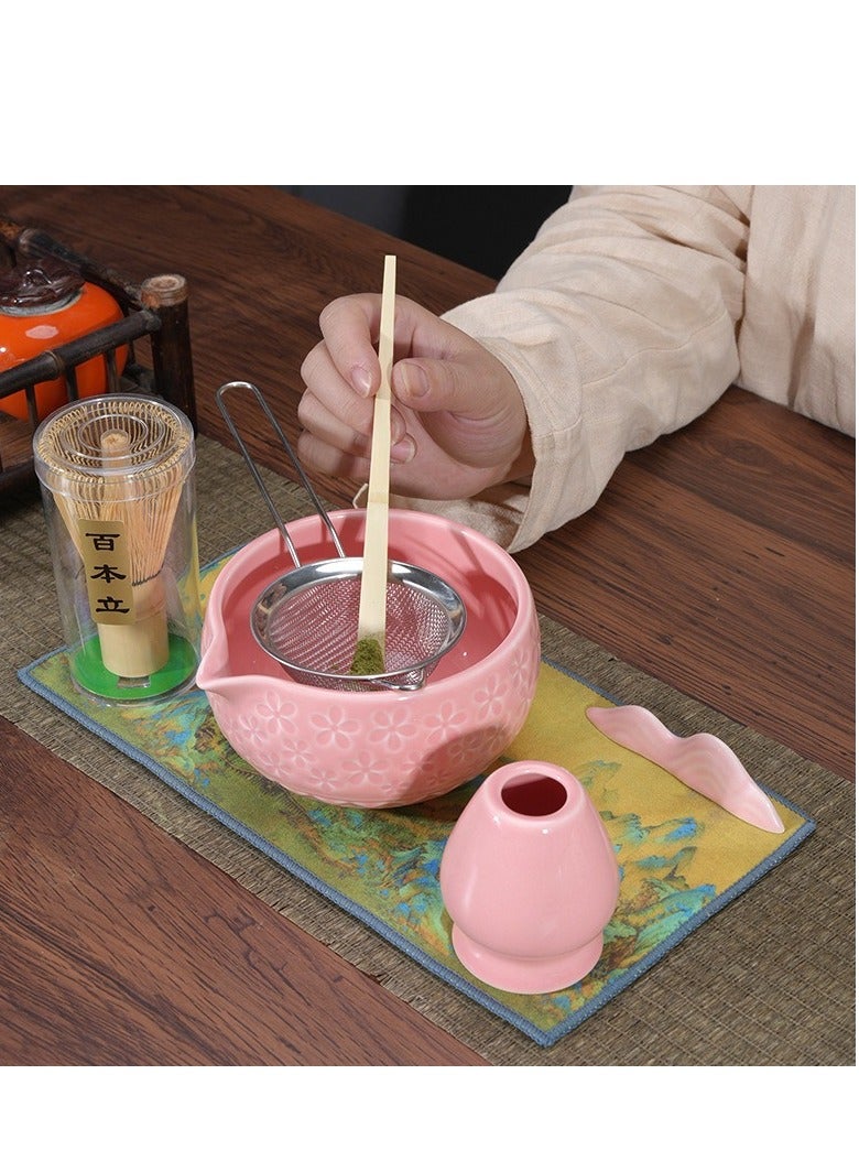 شو وو مجموعة خفاقة شاي ماتشا وردية اللون، مكونة من 7 قطع، طقم ماتشا مع وعاء ماتشا (مع فوهة صب)، خفاقة ماتشا، حامل خفاقة، مصفاة - مجموعة ماتشا أنيقة للهدايا والاستخدام الشخصي، عبوة صندوق هدايا - Image 4