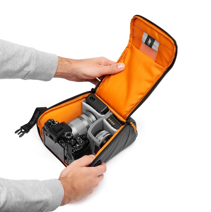 Lowepro GearUp Creator Box Medium II, Mirrorless and DSLR Camera Bag, Camera Case with QuickDoor Access, Made with Recycled Fabric, Orange Padded Interior Dividers, Grey - Image 2