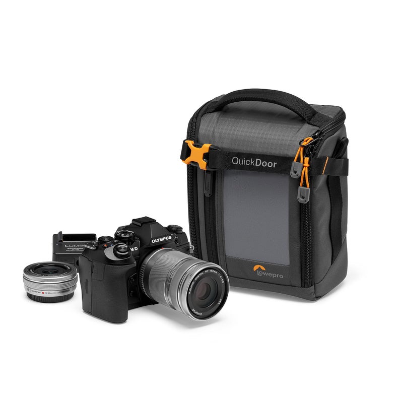 Lowepro GearUp Creator Box Medium II, Mirrorless and DSLR Camera Bag, Camera Case with QuickDoor Access, Made with Recycled Fabric, Orange Padded Interior Dividers, Grey - Image 1
